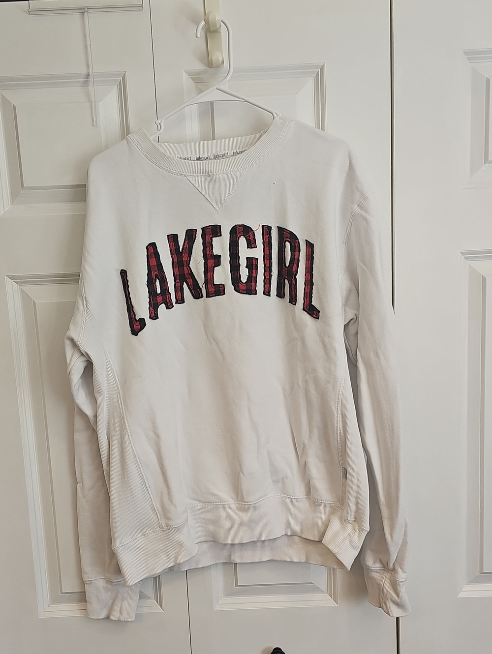 LakeGirl White Crewneck Sweatshirt with Red Plaid Lettering